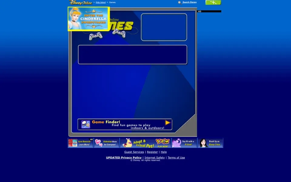 Disney Online games page, January 1, 2005: the Games frame with its Flash area empty and a Game Finder link