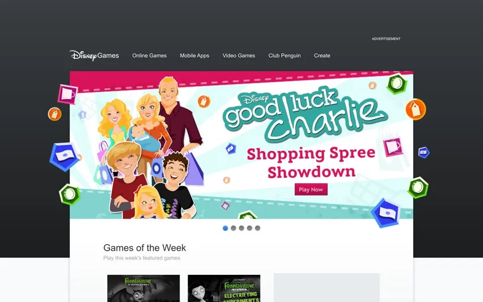 Disney Games page, January 6, 2013: a Good Luck Charlie Shopping Spree Showdown hero and Games of the Week
