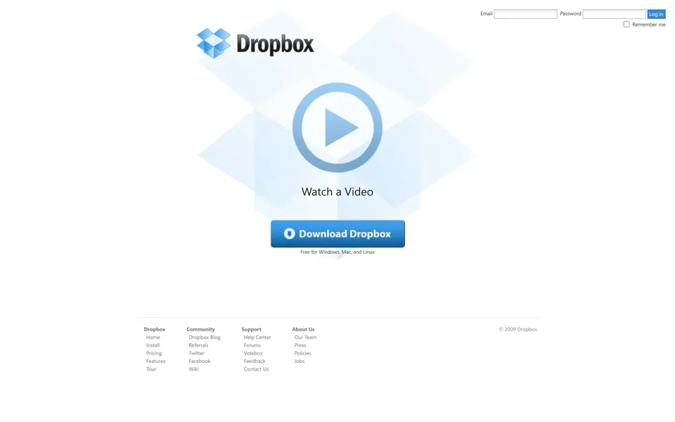 dropbox.com homepage in 2009