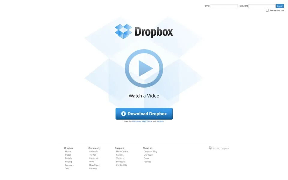 dropbox.com homepage in 2010