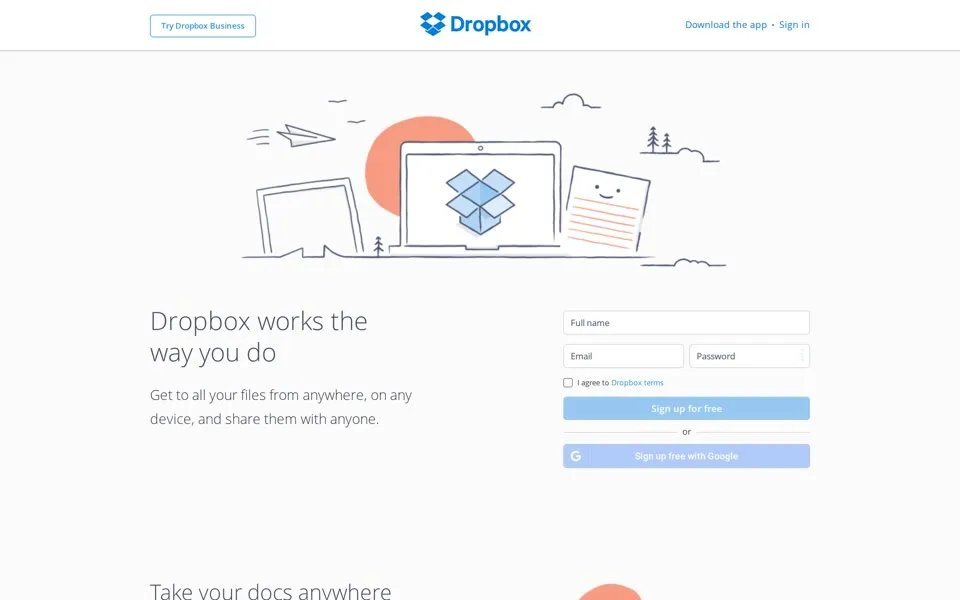 dropbox.com homepage in 2016