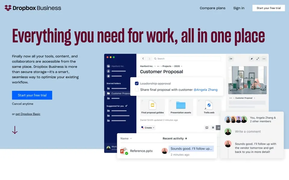 dropbox.com homepage in 2020