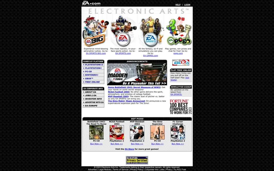 ea.com homepage in 2003