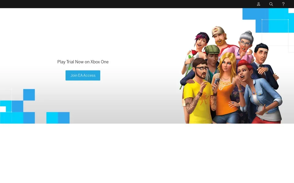 The Sims 4 game page on ea.com, November 15, 2017: “Play Trial Now on Xbox One” and “Join EA Access”.