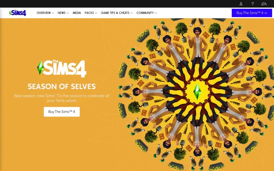 The Sims 4 game page on ea.com, January 4, 2022: “Season of Selves” and a “Buy The Sims™ 4” button.