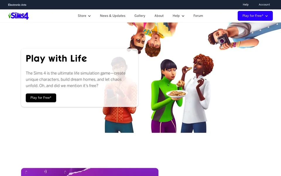 The Sims 4 game page on ea.com, January 5, 2023: “Play with Life”, “Play for Free*” and “Oh, and did we mention it’s free?”