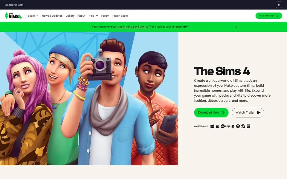 The Sims 4 game page on ea.com, January 17, 2026: “Download Now” and “Watch Trailer”.