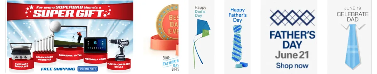 Father’s Day decorations cut from eBay’s June homepages: a Superdad banner (2011), a Best Dad Ever medal (2012), a kite (2013), two ties (2014, 2016) and a June 21 badge (2015)