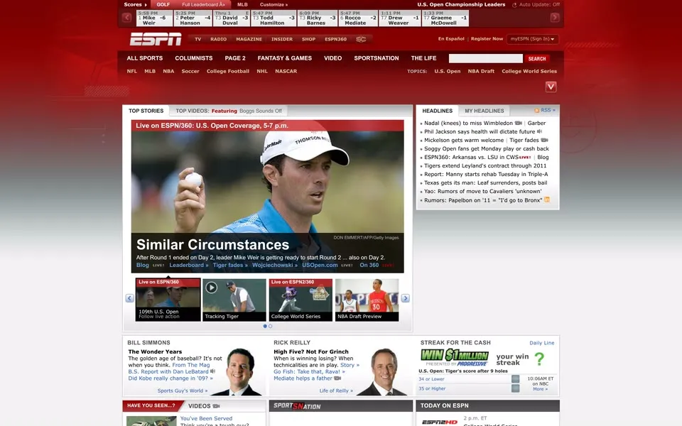 espn.com homepage in 2009