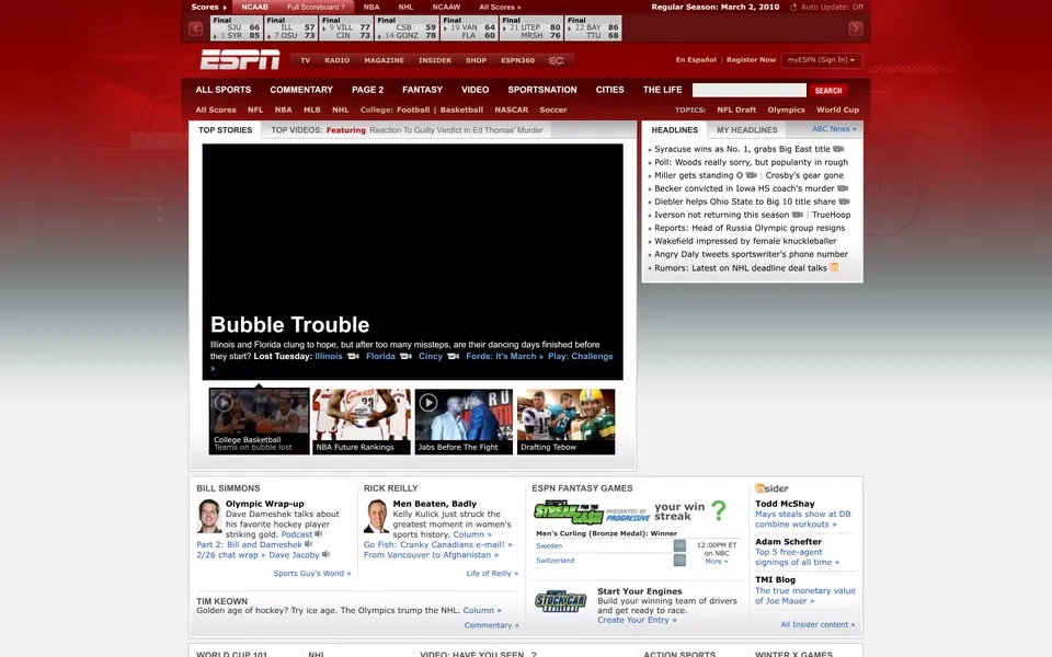 espn.com homepage in 2010