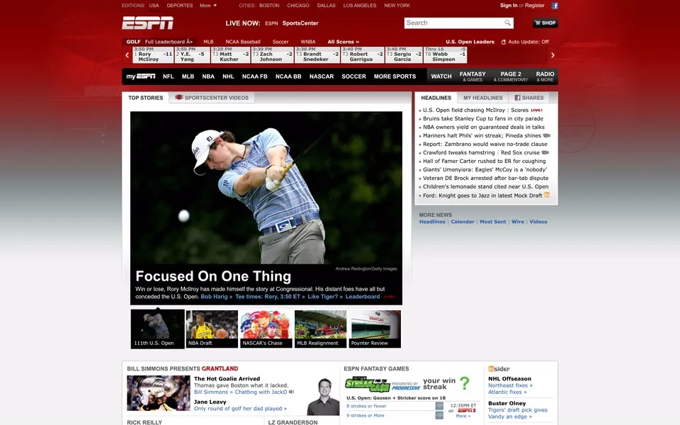 espn.com homepage in 2011