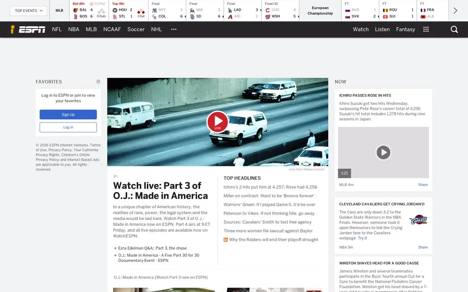 espn.com homepage in 2016
