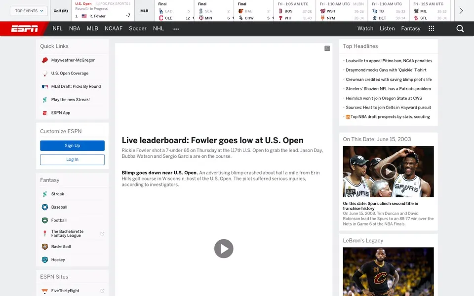 espn.com homepage in 2017
