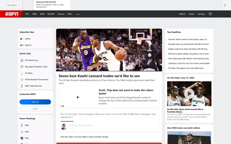 espn.com homepage in 2018