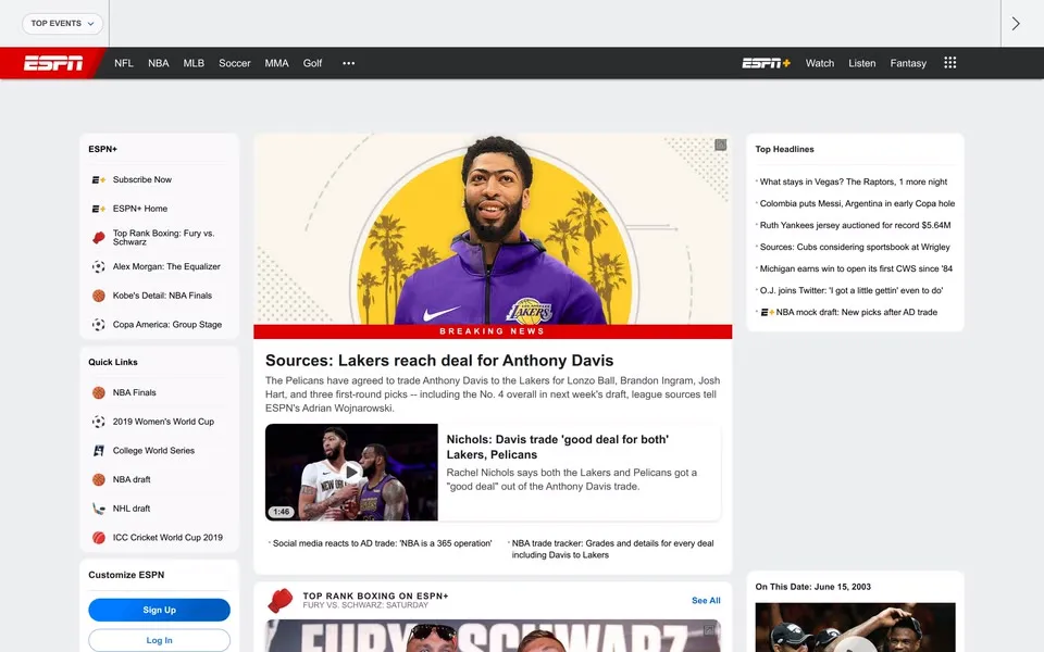 espn.com homepage in 2019