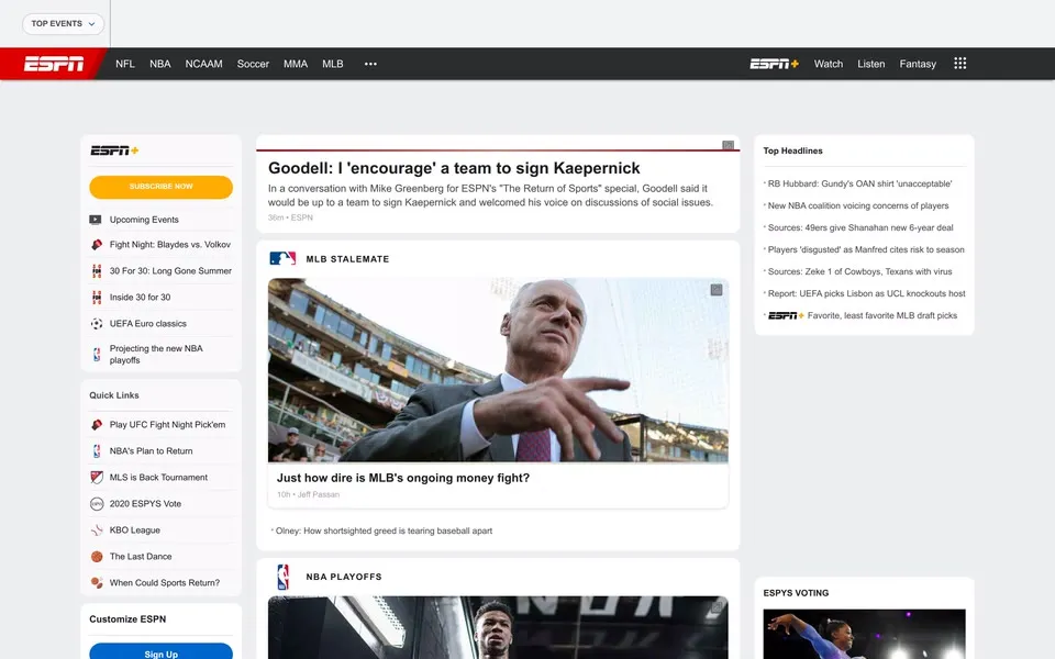 espn.com homepage in 2020