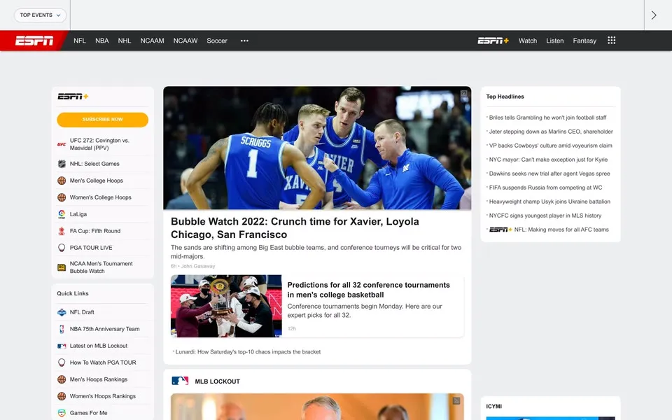 espn.com homepage in 2022
