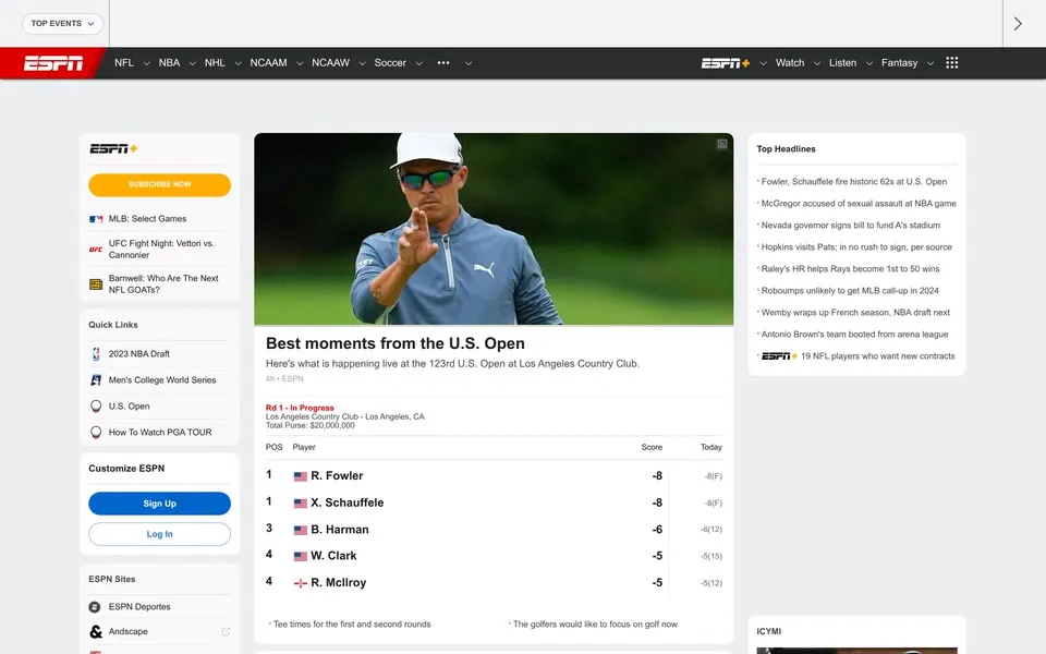 espn.com homepage in 2023
