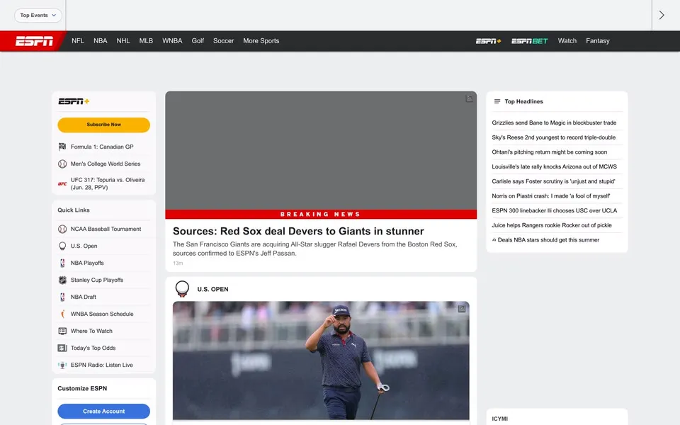 espn.com homepage in 2025