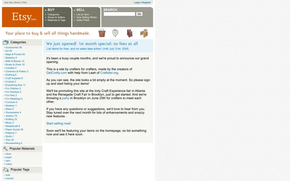 etsy.com homepage in 2005