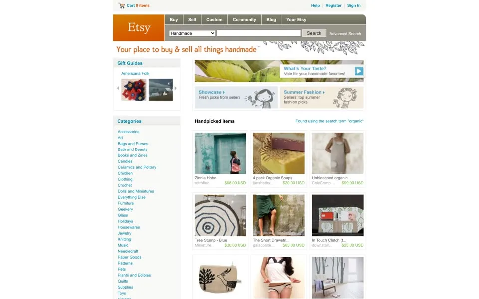 etsy.com homepage in 2009