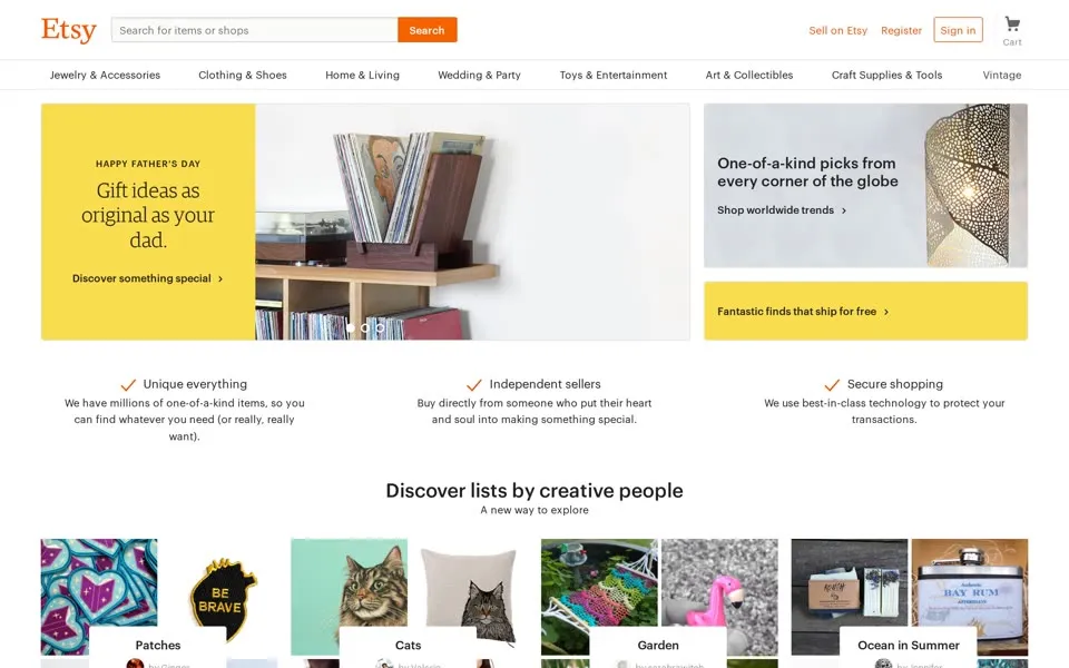 etsy.com homepage in 2018