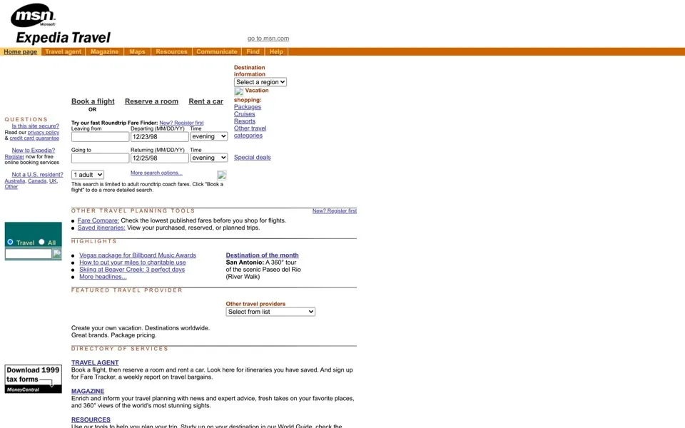 expedia.com homepage in 1998
