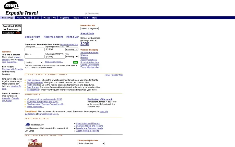 expedia.com homepage in 1999