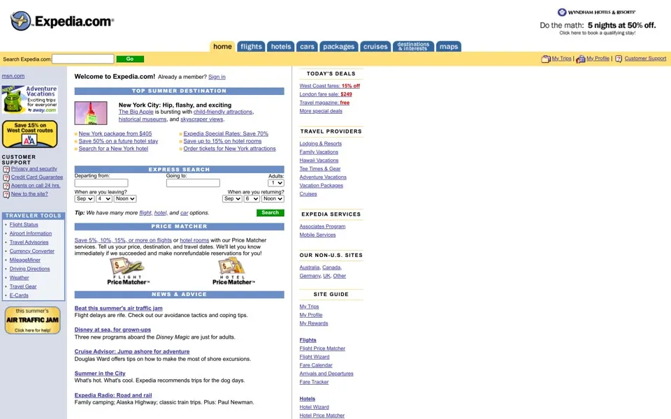 expedia.com homepage in 2000