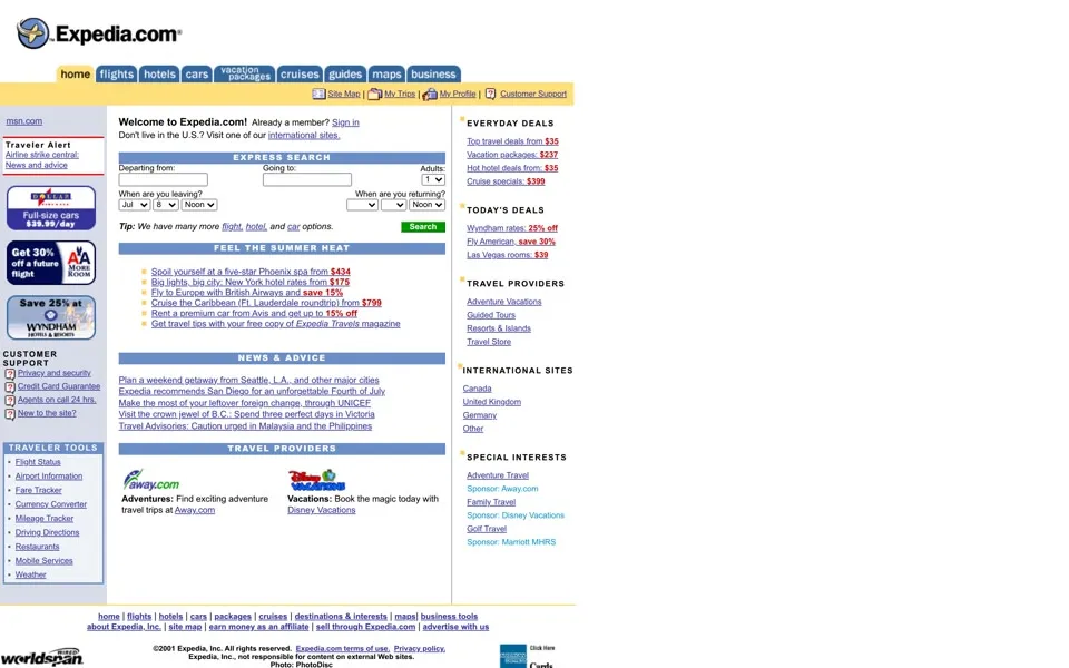 expedia.com homepage in 2001