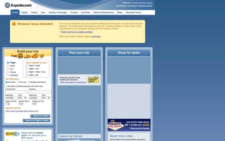 expedia.com homepage in 2007