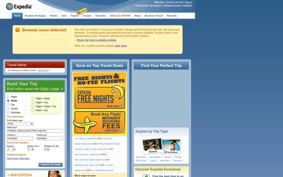 expedia.com homepage in 2009