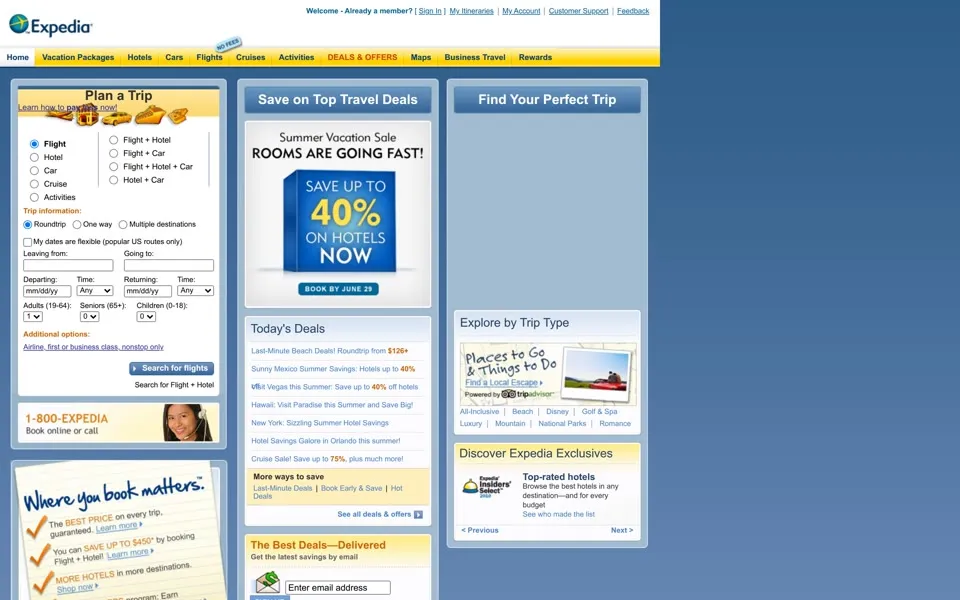 expedia.com homepage in 2010