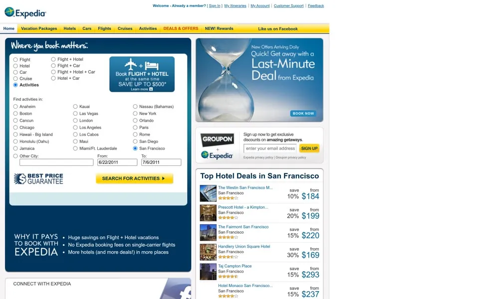 expedia.com homepage in 2011