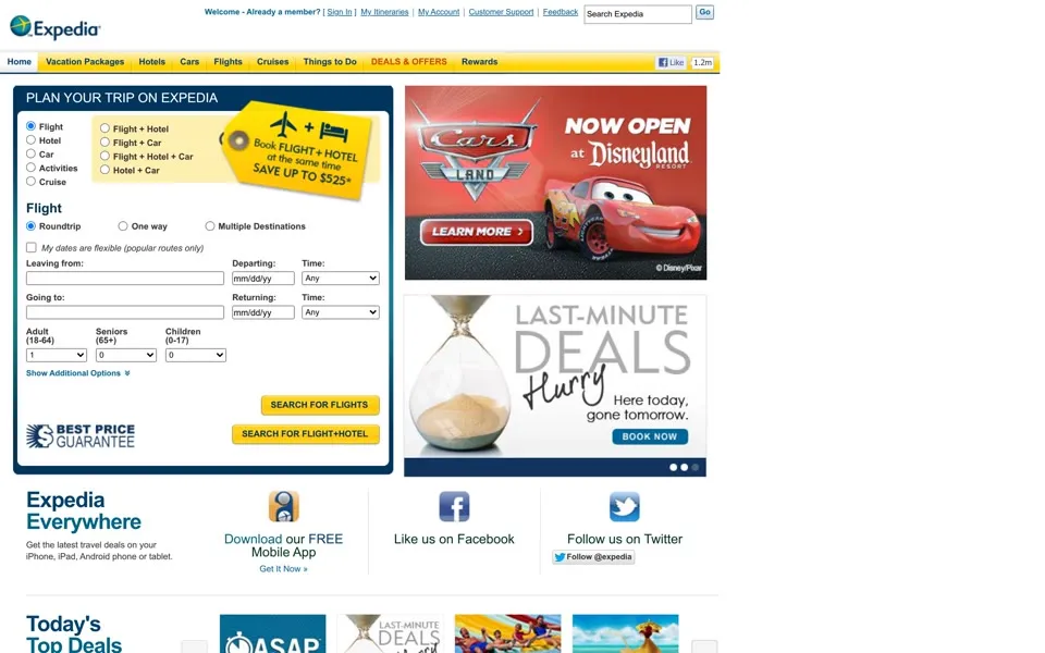 expedia.com homepage in 2012