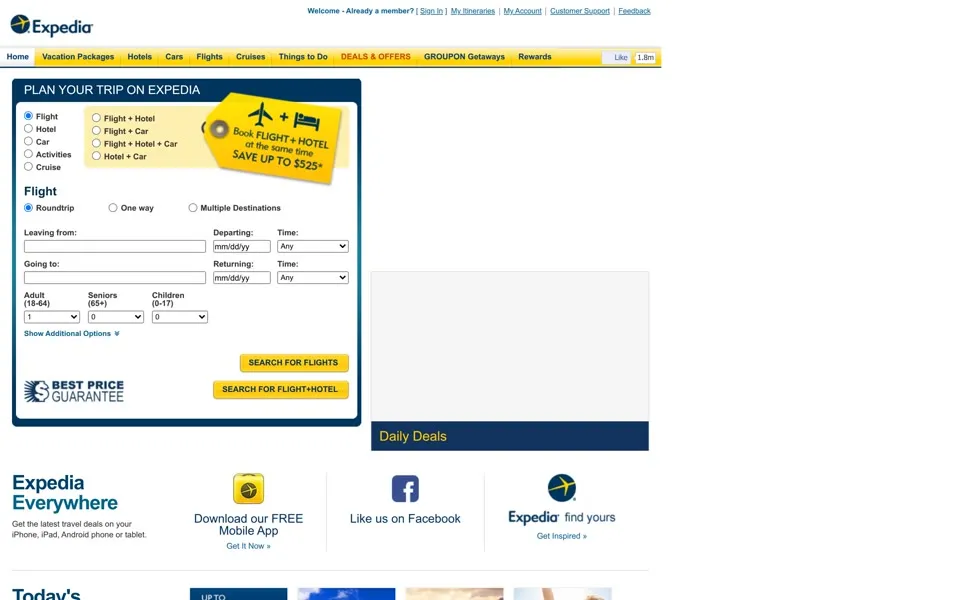 expedia.com homepage in 2013
