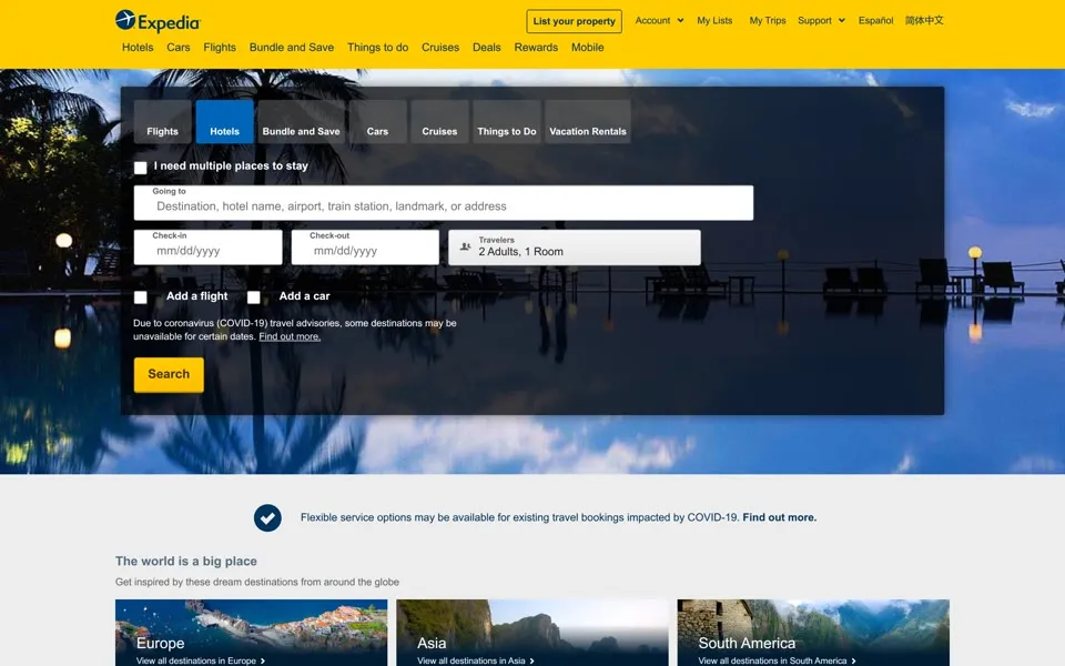 expedia.com homepage in 2020