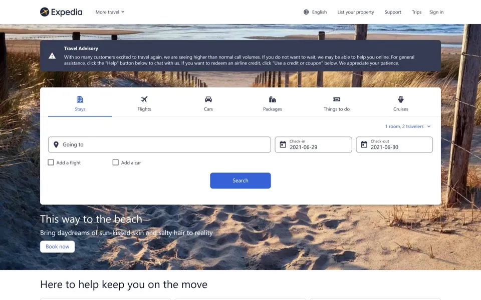 expedia.com homepage in 2021