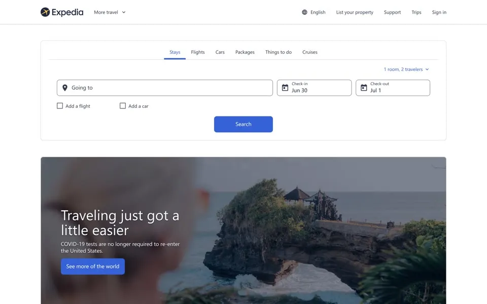 expedia.com homepage in 2022