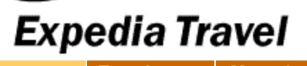 Expedia logo on the 1998 expedia.com homepage: Plain italic 'Expedia Travel' wordmark under the MSN logo (Microsoft Expedia)