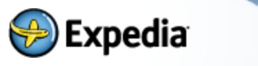 Expedia logo on the 2008 expedia.com homepage: '.com' dropped: bold 'Expedia' beside the globe-and-plane roundel
