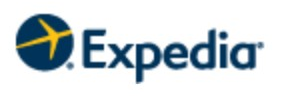 Expedia logo on the 2013 expedia.com homepage: Flat navy roundel with a yellow plane, lighter wordmark, no gradient