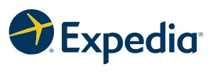 Expedia logo on the 2016 expedia.com homepage: Bolder, larger flat roundel and wordmark in navy