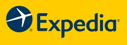 Expedia logo on the 2019 expedia.com homepage: Logo set on a yellow tile in the header