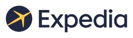 Expedia logo on the 2021 expedia.com homepage: Softer dark-navy wordmark, thinner lettering, tilted yellow plane in a dark circle