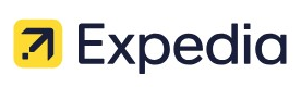 Expedia logo on the 2023 expedia.com homepage: Roundel replaced by a yellow square with a diagonal arrow