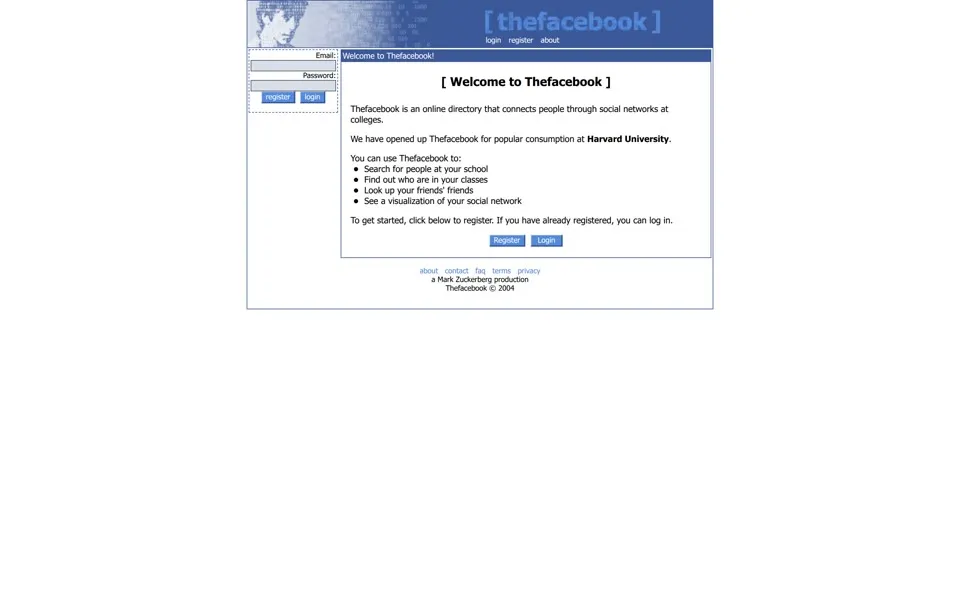 facebook.com homepage in 2004