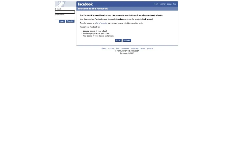 facebook.com homepage in 2005