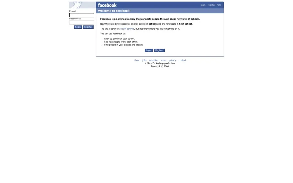 facebook.com homepage in 2006