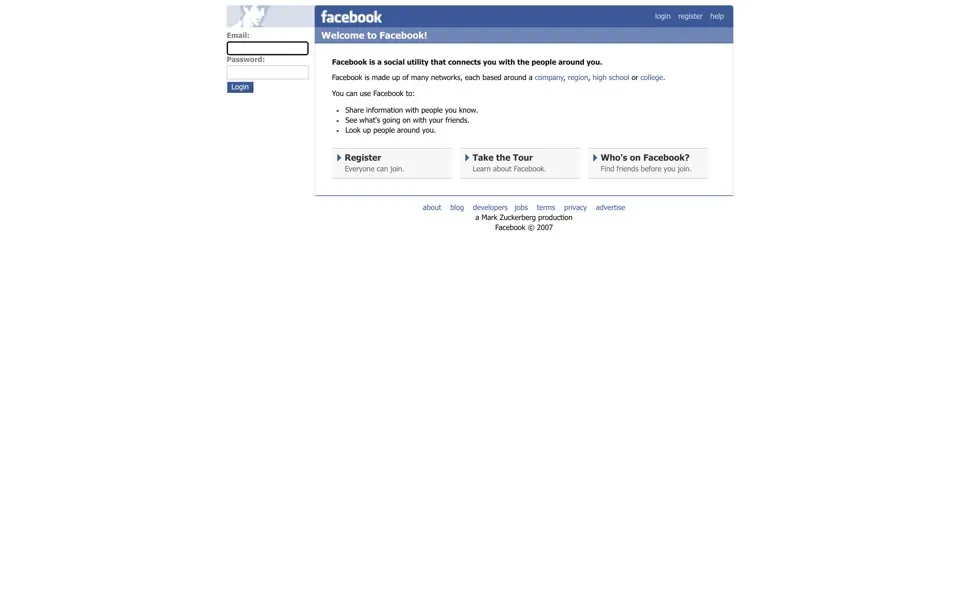 facebook.com homepage in 2007